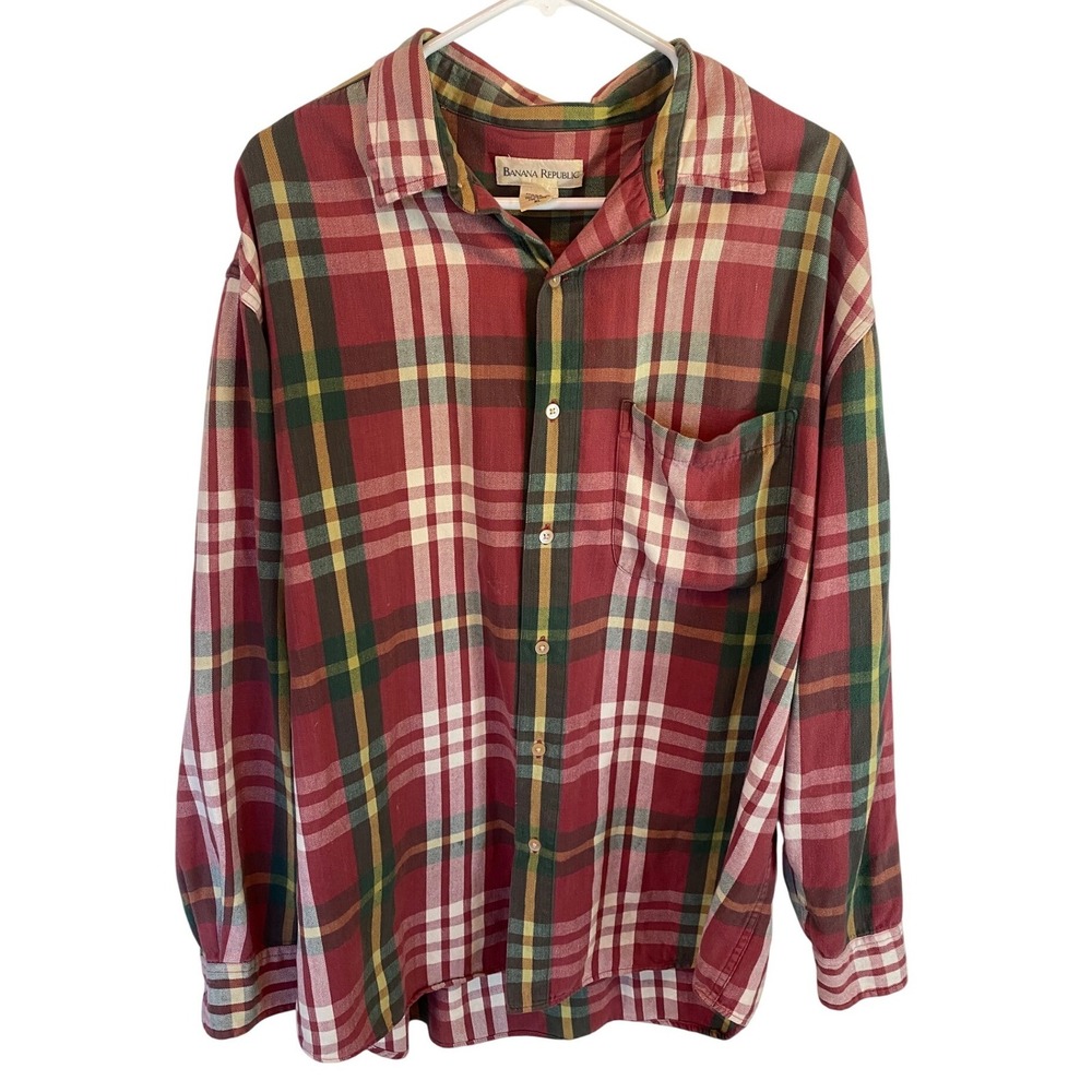 Vintage Banana Republic Mens Plaid Long Sleeve Button‎ Down Shirt Red Green XL